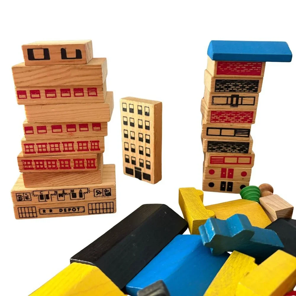 Vintage • 1970's Playskool: Village Wooden Blocks & Street Layout‎ In Container